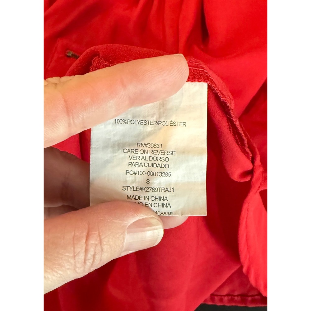 My Michelle Womens Small Blouse Red 3/4 Roll Tab Sleeve Zipper Pocket High Low - Picture 9 of 11